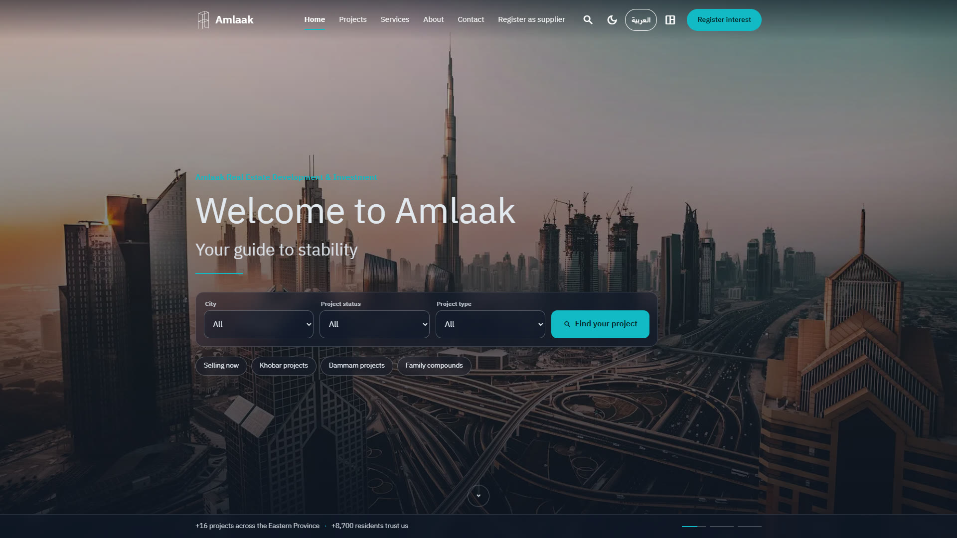 Home page hero with city, status, and type quick search