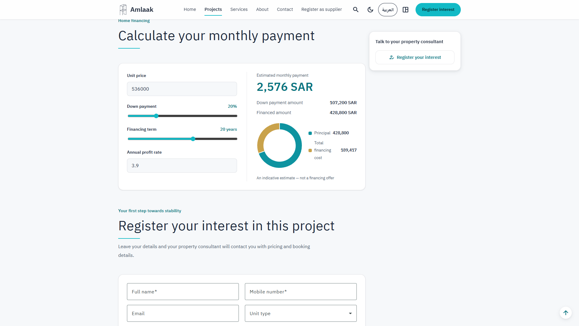 Financing calculator with estimated monthly instalment