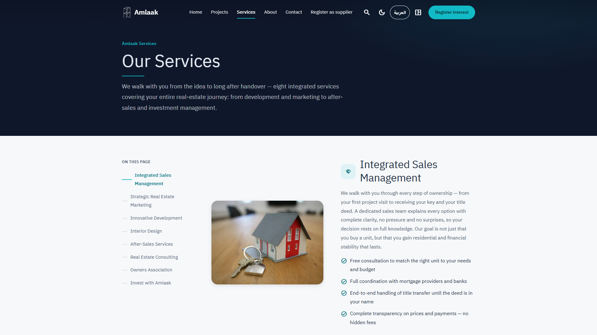Services page: sales management, marketing, development, and more