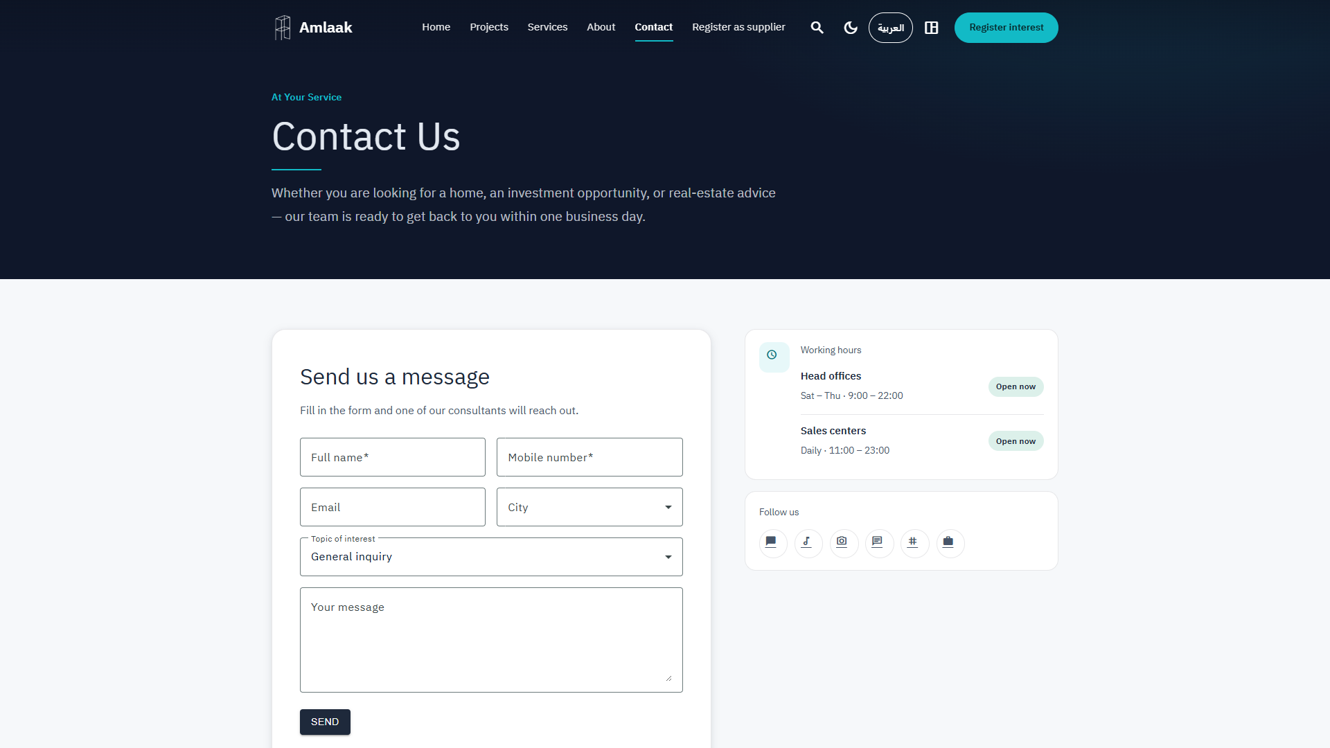 Contact page with enquiry form and office hours