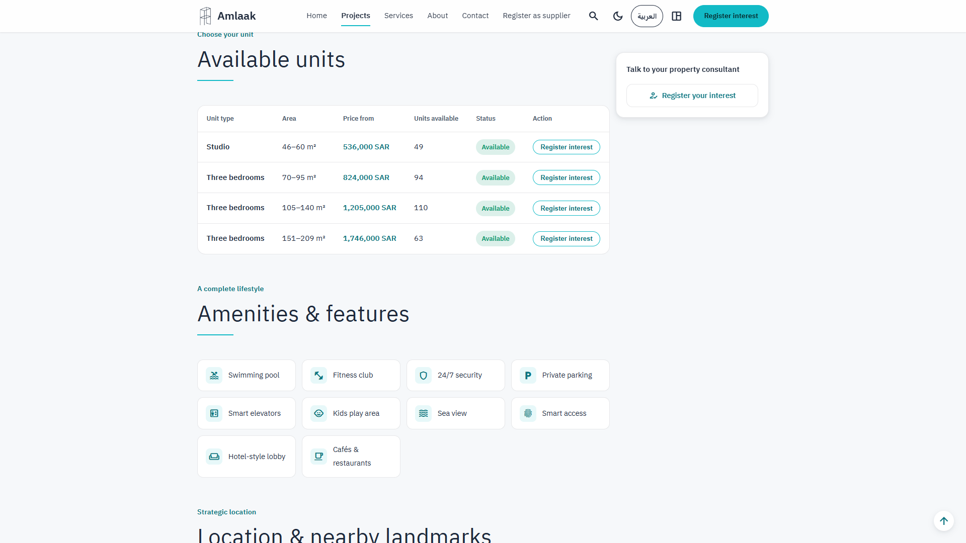 Live unit availability table and amenities