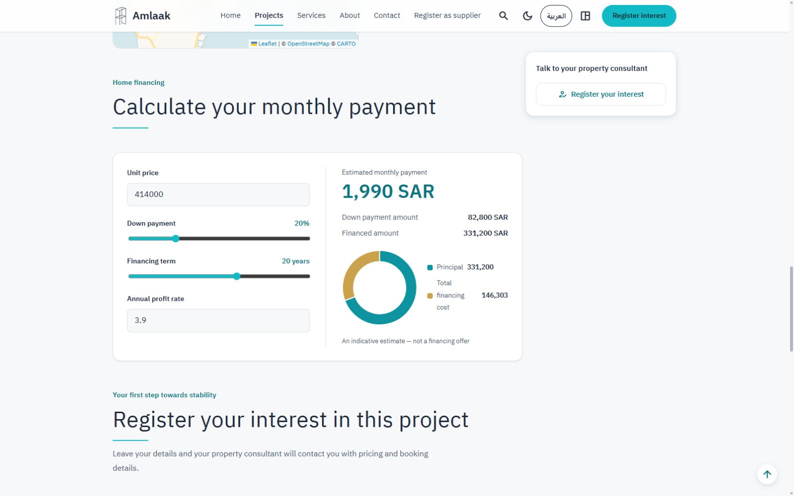 Financing calculator: adjusting the payment estimate