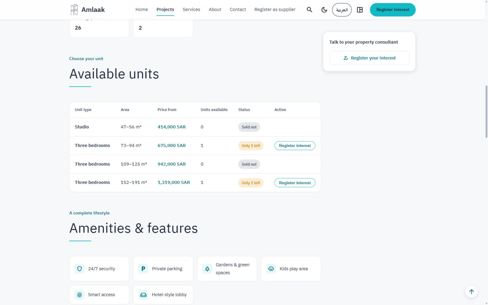 Unit types, areas, availability and interest registration